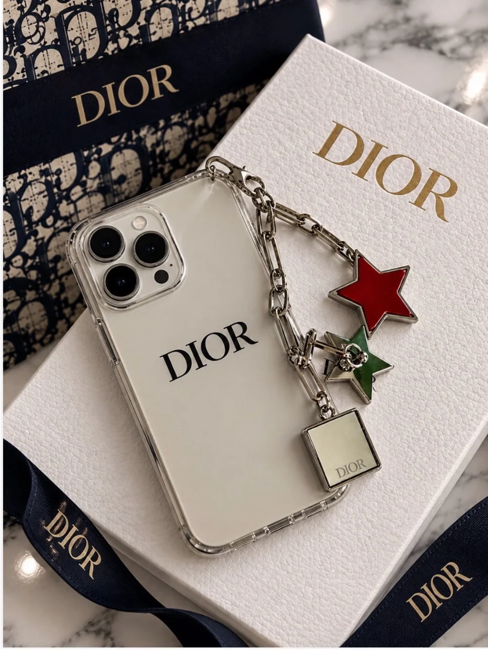 Dior sliver tone star and CD logo chain phone strap